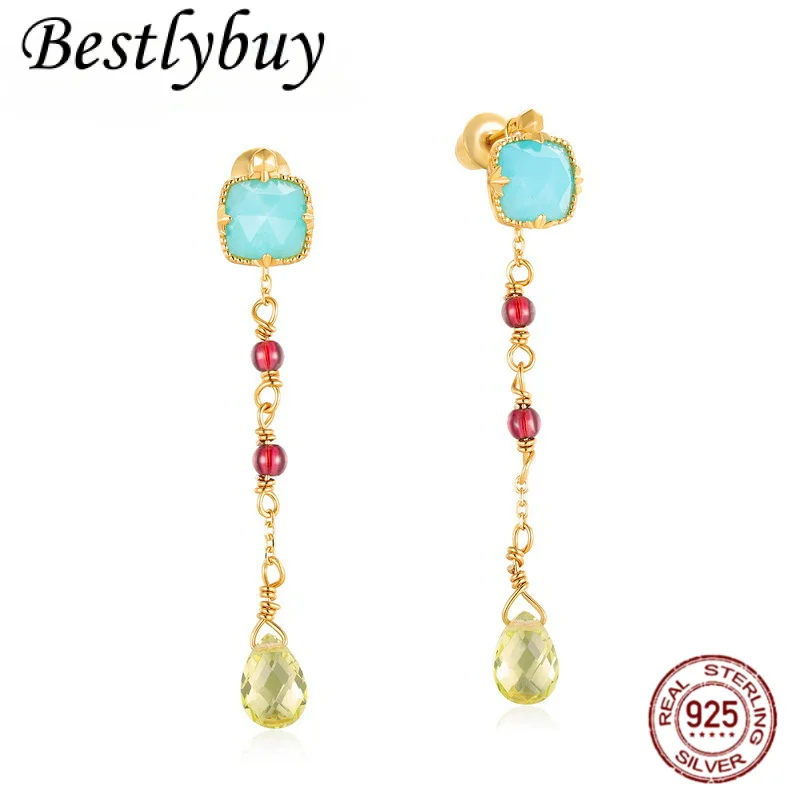 

Японские легкие роскошные серьги с камнем Tianhe S925, чистое серебро, двойные серьги с длинной кисточкой из оливина, комплект ювелирных изделий из золота 10 карат