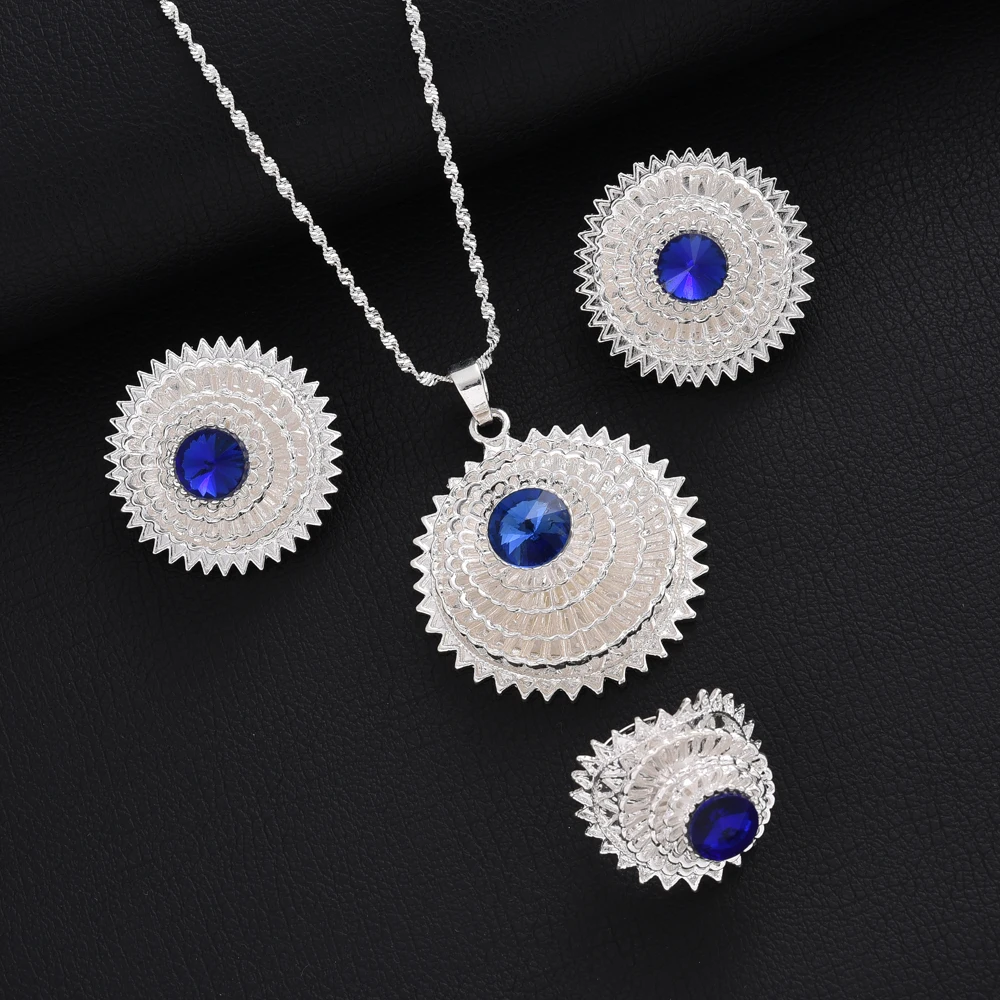 Eritrea Cute Big Red Zirconia Jewelry Set for women Ethiopian Silver plated Pendant/Earring/Ring Africa Bride Wedding Party Gift
