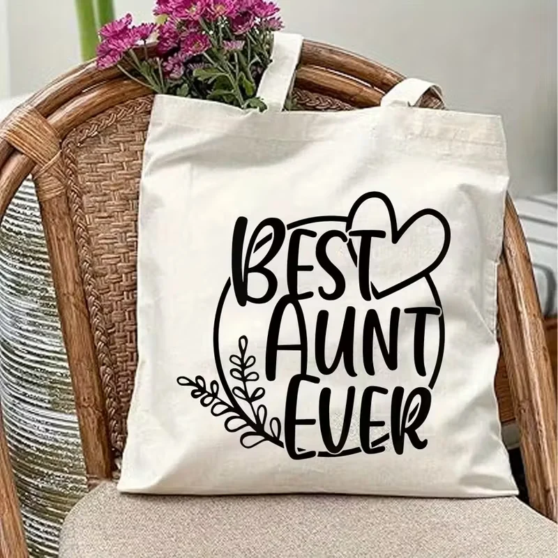 Best Aunt Ever Hand Letter With Heart And Vine Outline Print Canvas Tote Bag Soft Handbag For Daily Commute Casual Outdoor Use