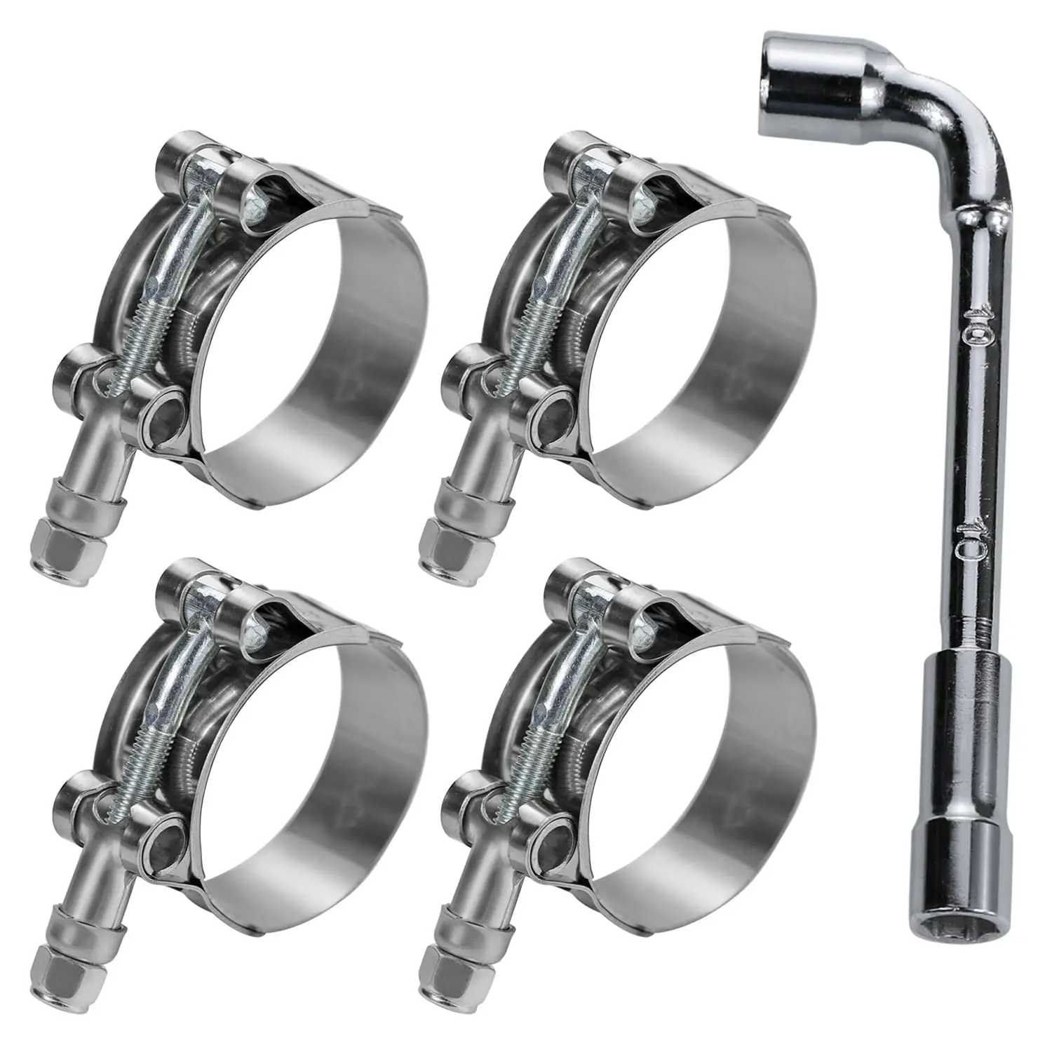 4pcs Hose Clamps with Wrench Clips 304 Stainless Steel Heavy Duty T Bolt Exhaust 34-65mm Fastener Turbo Intake Intercooler Clamp