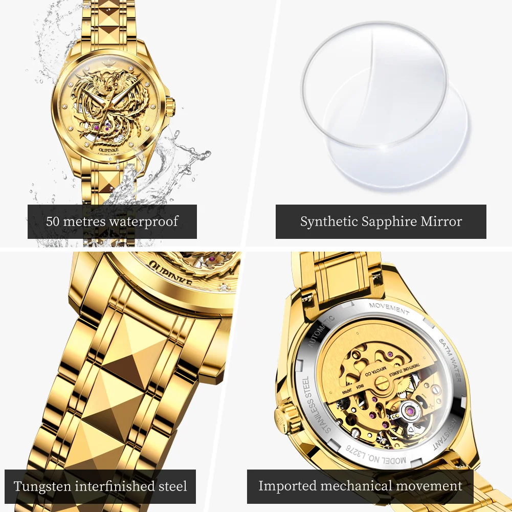 OUPINKE 3276 Women Watch Luxury Original Gold Hollow Phoenix Watch Brand Automatic Mechanical Watch Women Bracelet Dress Watch