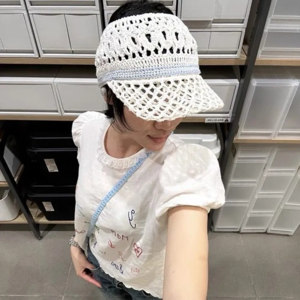 

Простой солнцезащитный крем, вязаный крючком, пустой цилиндр, солнцезащитный козырек, мягкая шляпа с выдолбленным козырьком, вязаная складная шапка на шнурке для девочек