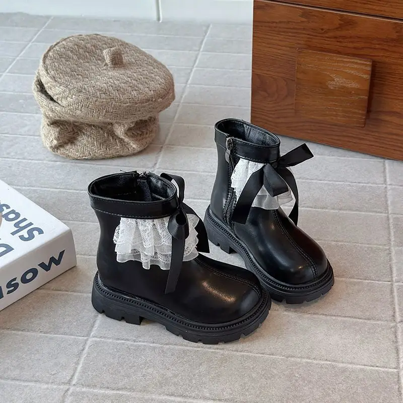 الفتيات فروي الدانتيل الجلود حذاء من الجلد لخريف شتاء 2025 الأميرة نمط أحذية بوت قصيرة العصرية الاطفال أحذية الشتاء #2