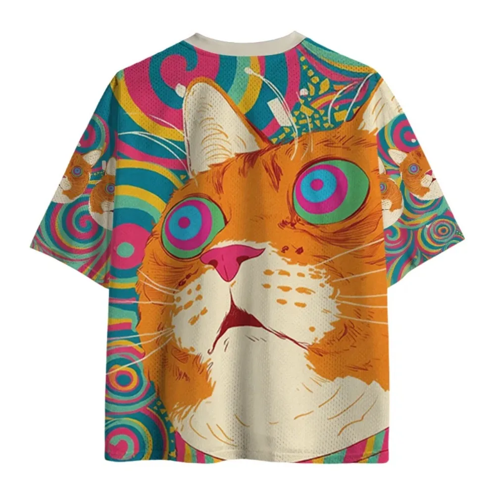 American Retro Psychedelic Orange Cat 3D Print Breath Quick-dry Men V-neck T-shirt Outdoor Leisure Fashion Parent-Child Clothing