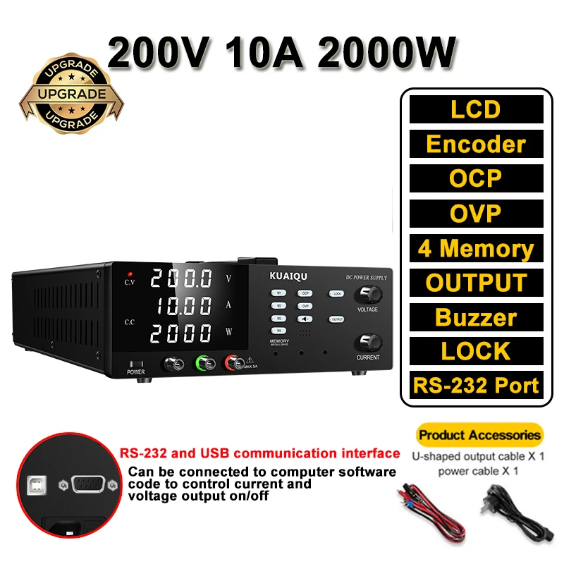 Programmeerbare DC-voeding KUAIQU 30V 100A 3000W met RS232 USB-poort, instelbare bench-regulator, OCP/OVP/geheugen voor testen en verouderingstests.
