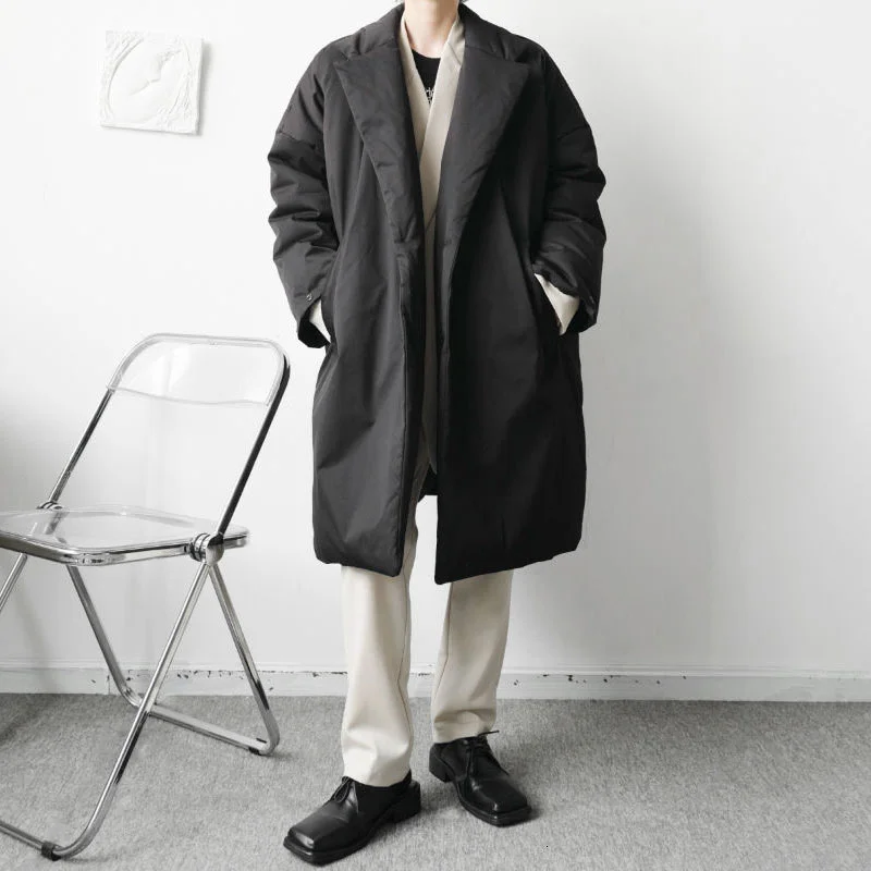 Single Menswear Breasted Oversized Quilted Jackets Fashion Winter Simple Solid Color Cotton Clothing New Loose Notched Coat