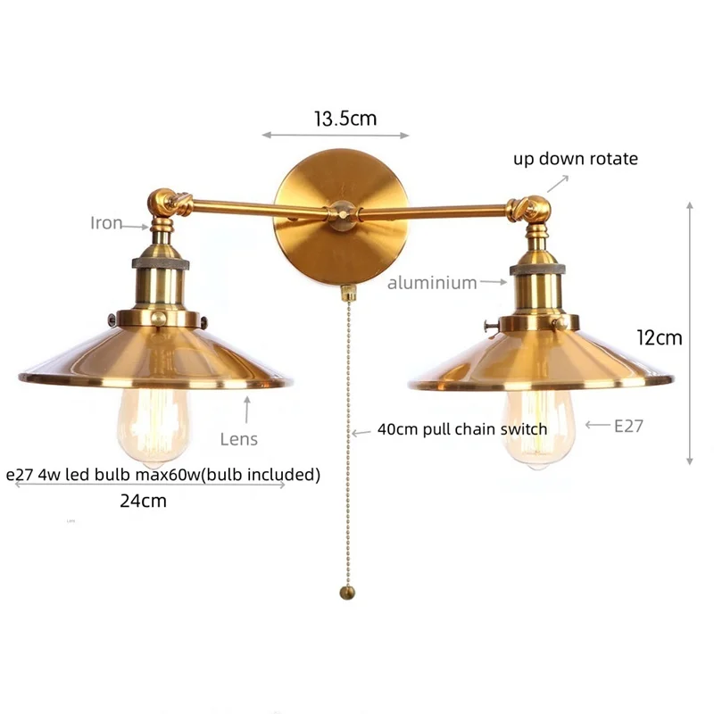 IWHD Lens Induatrial Pull Chain Switch LED Wall Lights Balcony Aisle Study Bedside Lamp Gold Vintage 2 Heads Lamparas De Pared