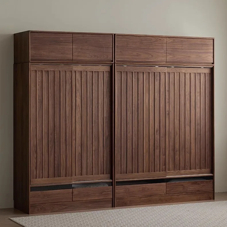 

North American Black Walnut Wardrobe Home Bedroom Sliding Door Sliding Door Storage Combination Nordic All Solid Wood To Top War