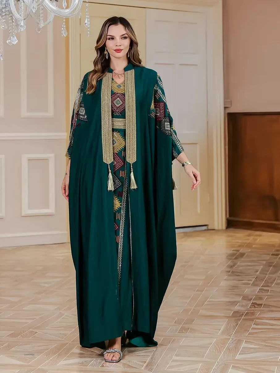 Eid Muslim 2 Piece Set Women Embroidery Dresses Open Abaya Suit Jalabiya Ramadan Dubai Kaftan Party Vestidos Cardigan Robe 2025