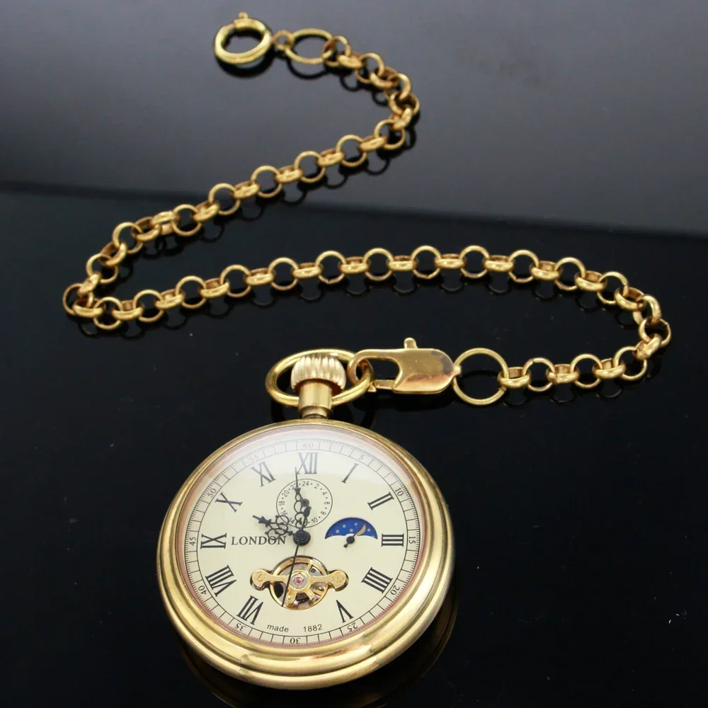 

PJX1714 NEW Luxury Golden Pure Copper Mechanical Pocket Watch Roman Numerals Moon-phase Pocket Clock with Chain