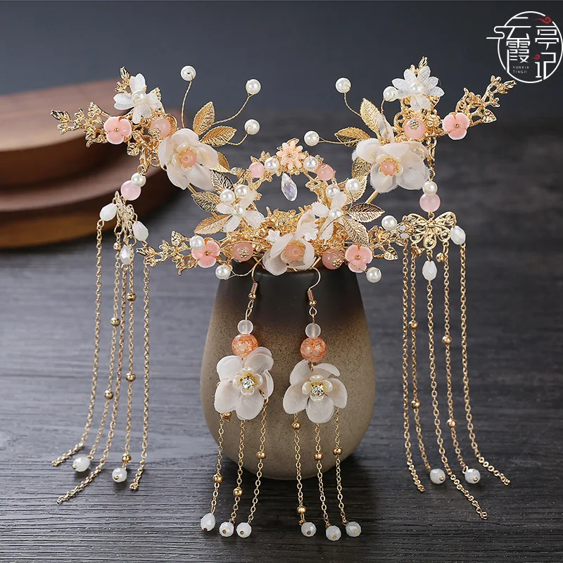 

Spot children's Hanfu costume women's headgear vintage Chinese bridal Xiuhe hair crown earrings hairpin tassels are beautiful