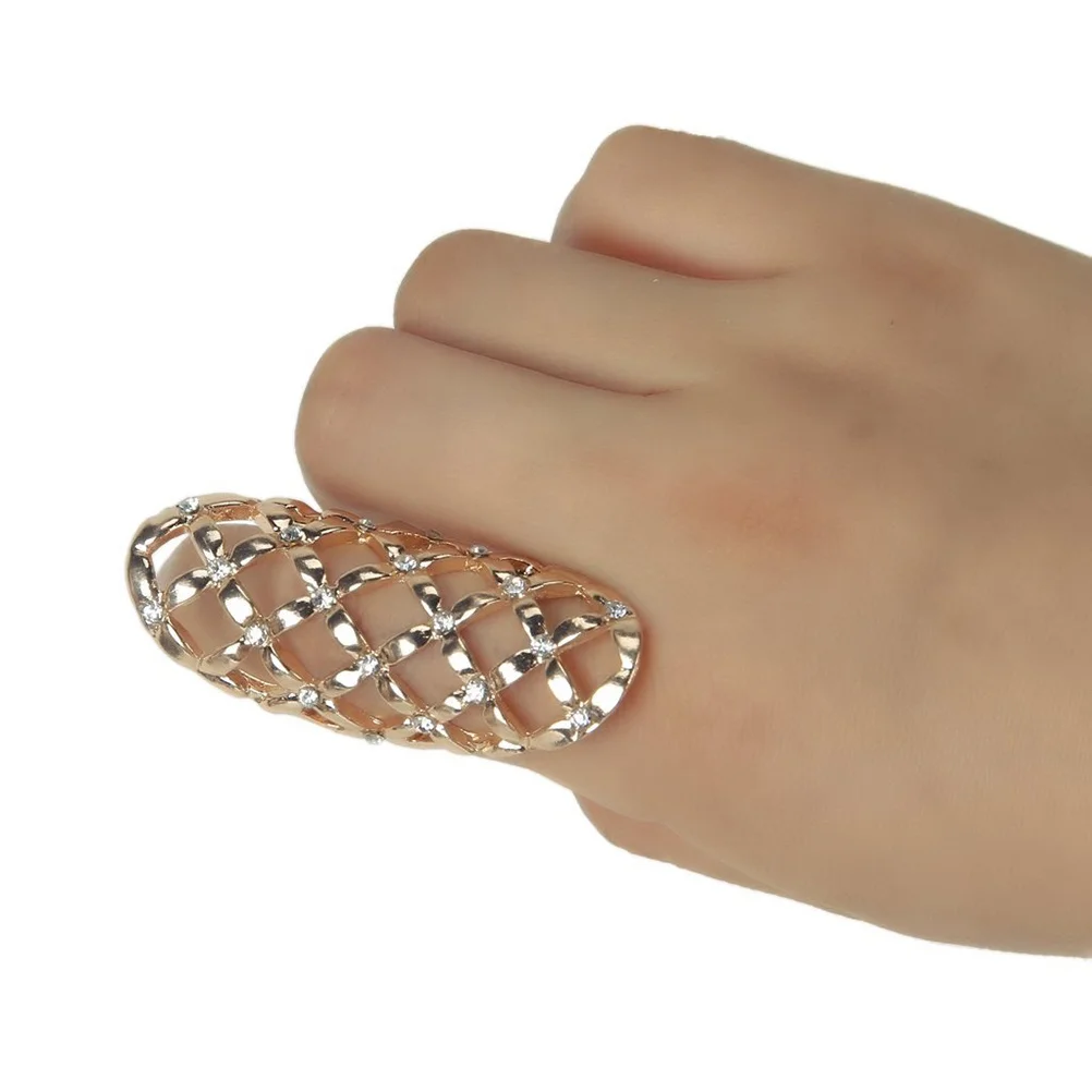 Women Punk Style Rhinestone Hollow Finger Ring Golden Zinc Alloy Size 8 Durable Fashion Accessory Punk Style Ring