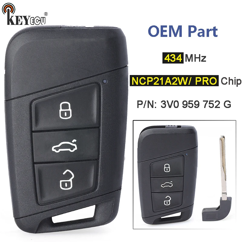 KEYECU 434MHz NCP21A2 Chip P/N: 3V0 959 752 G 3V0959752G A2C16971006 OEM Parts Smart Remote Key Fob for Skoda Superb Facelift