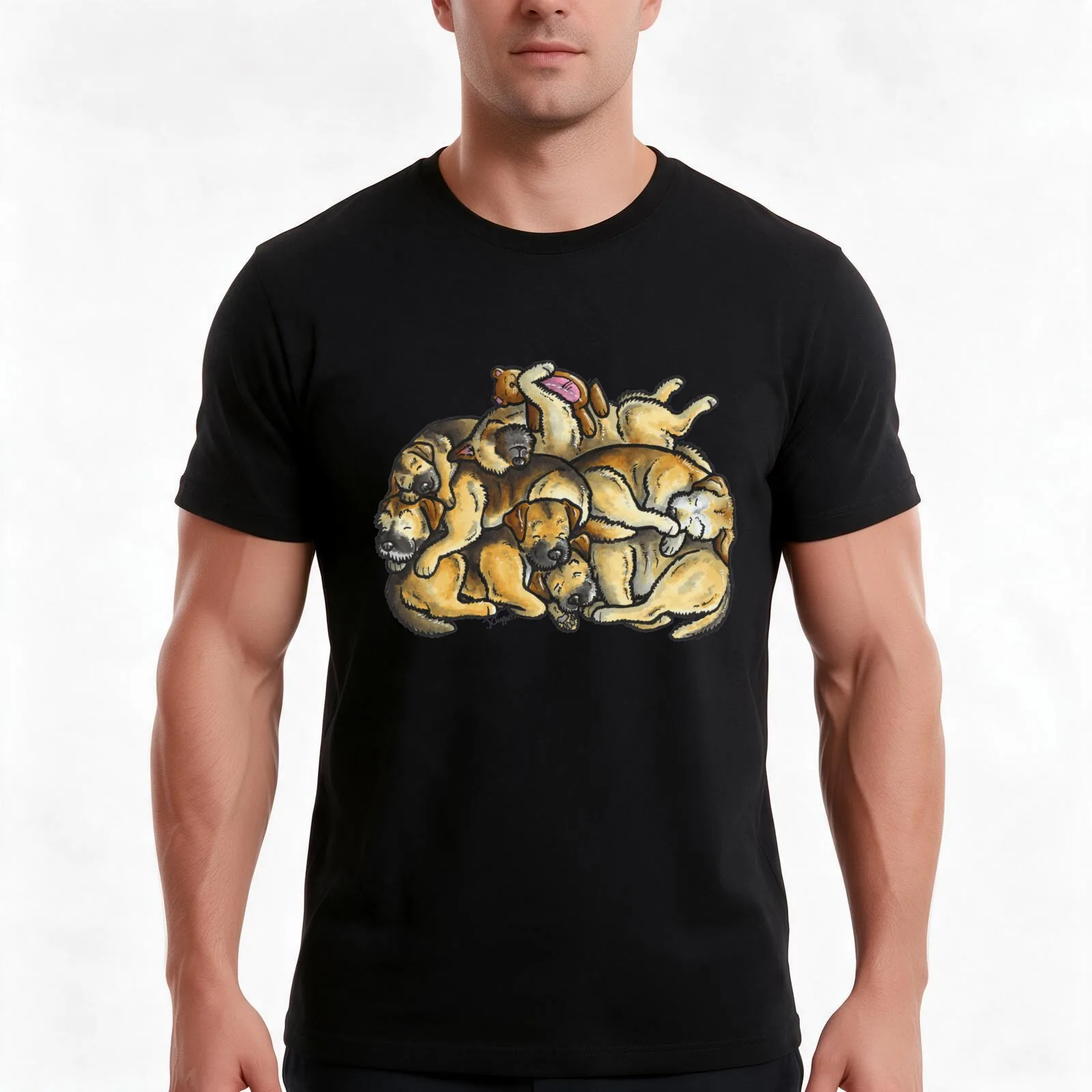 Sleeping pile of Border Terriers T-Shirt, Summer Casual Cotton Tee, Oversized Streetwear Tops, Vintage Graphic Print