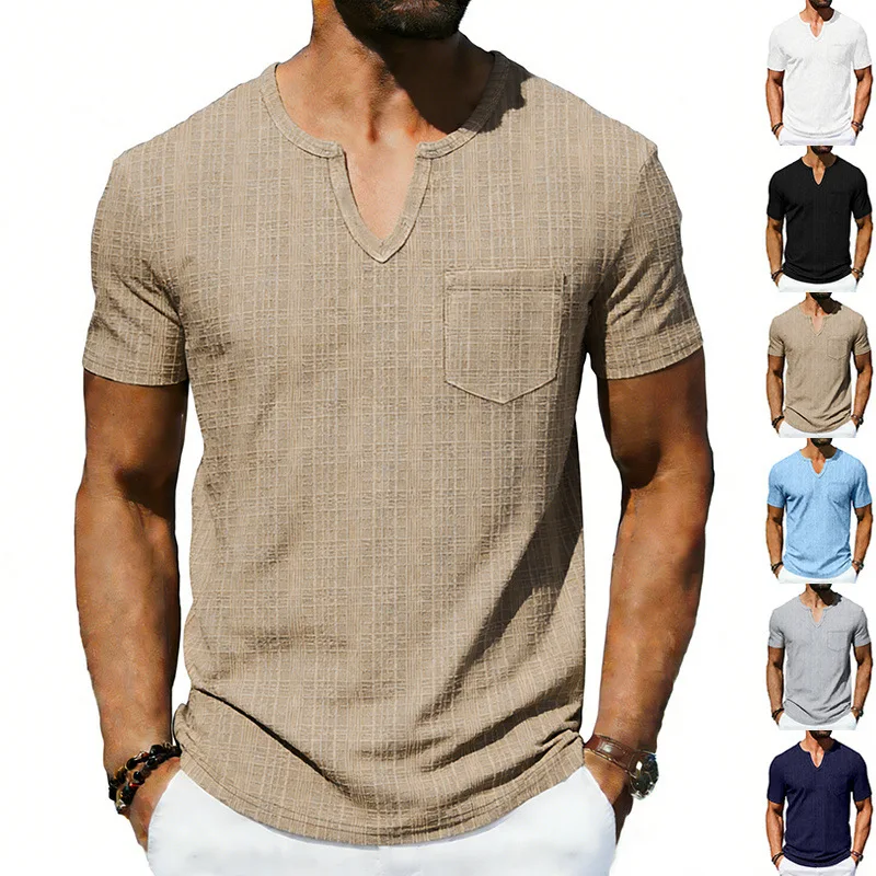 Grenzüberschreitendes, lockeres, atmungsaktives Herren-Sommer-T-Shirt aus Bambus, lässiges Hawaii-Strand-T-Shirt mit V-Ausschnitt und kurzen Ärmeln – Detail 9