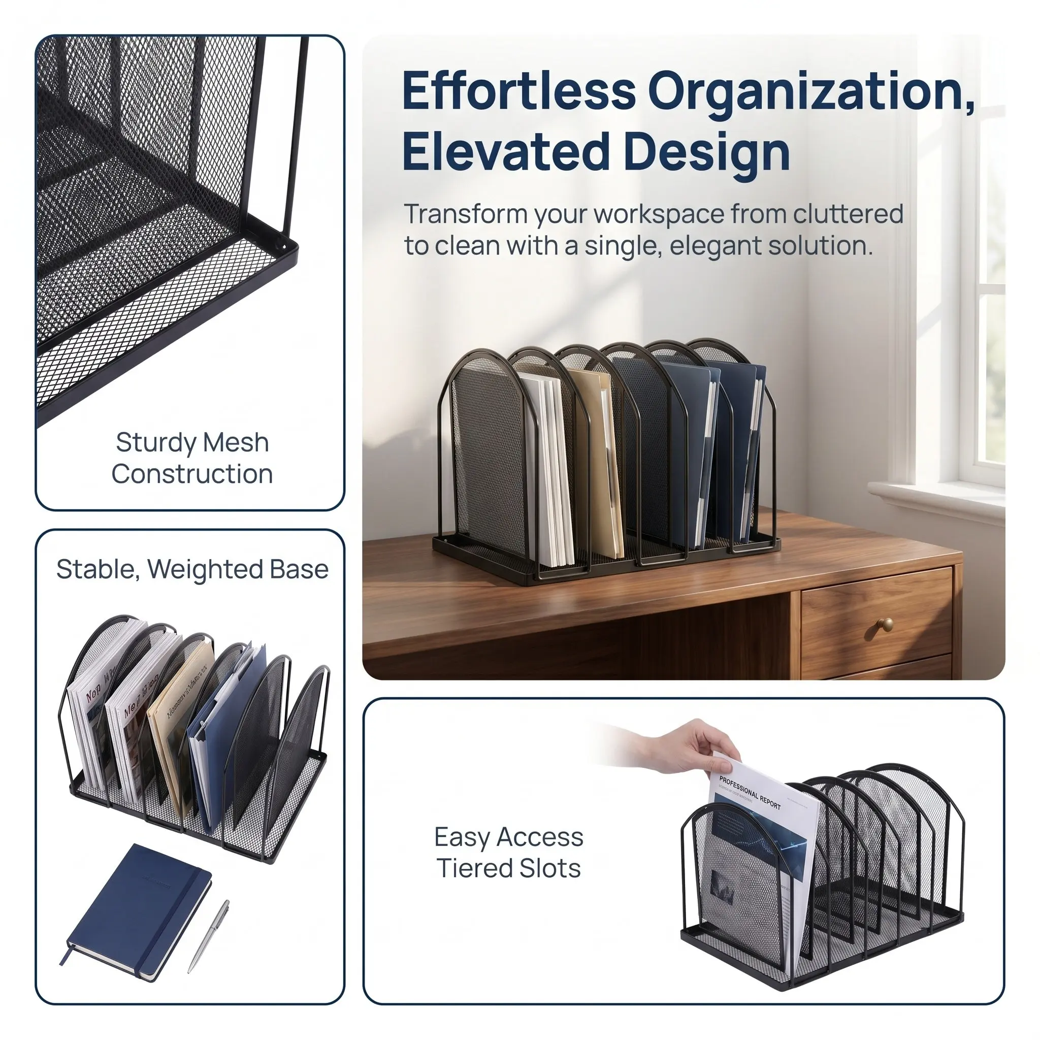 5-Section Vertical Metal File Organizer Desktop Document Rack Office Supplies Organizer Paper Sorter Folder Holder