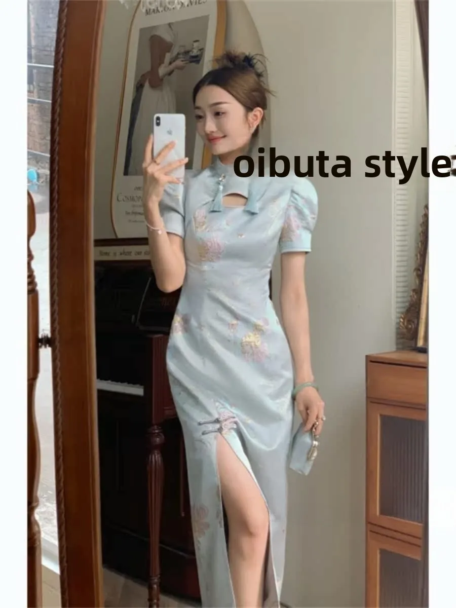 

Платье-ципао в китайском стиле с утягивающим эффектом на талии, молодежный дизайн, низкий разрез, повседневное, с коротким рукавом, с цветочным узором, вышитое