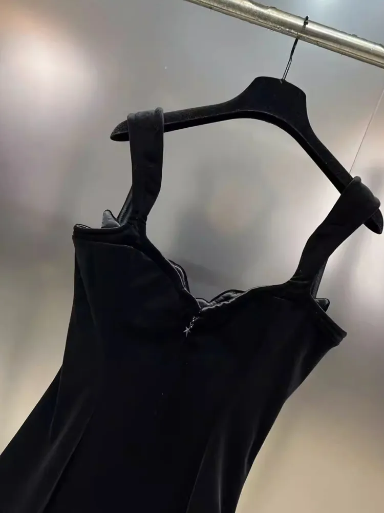 DFDG Women's Summer Black Velvet Cami Dress Sleeveless Bustier Dress Elegant Party Clubwear 2025 Trendy Feminine Fashion Dress