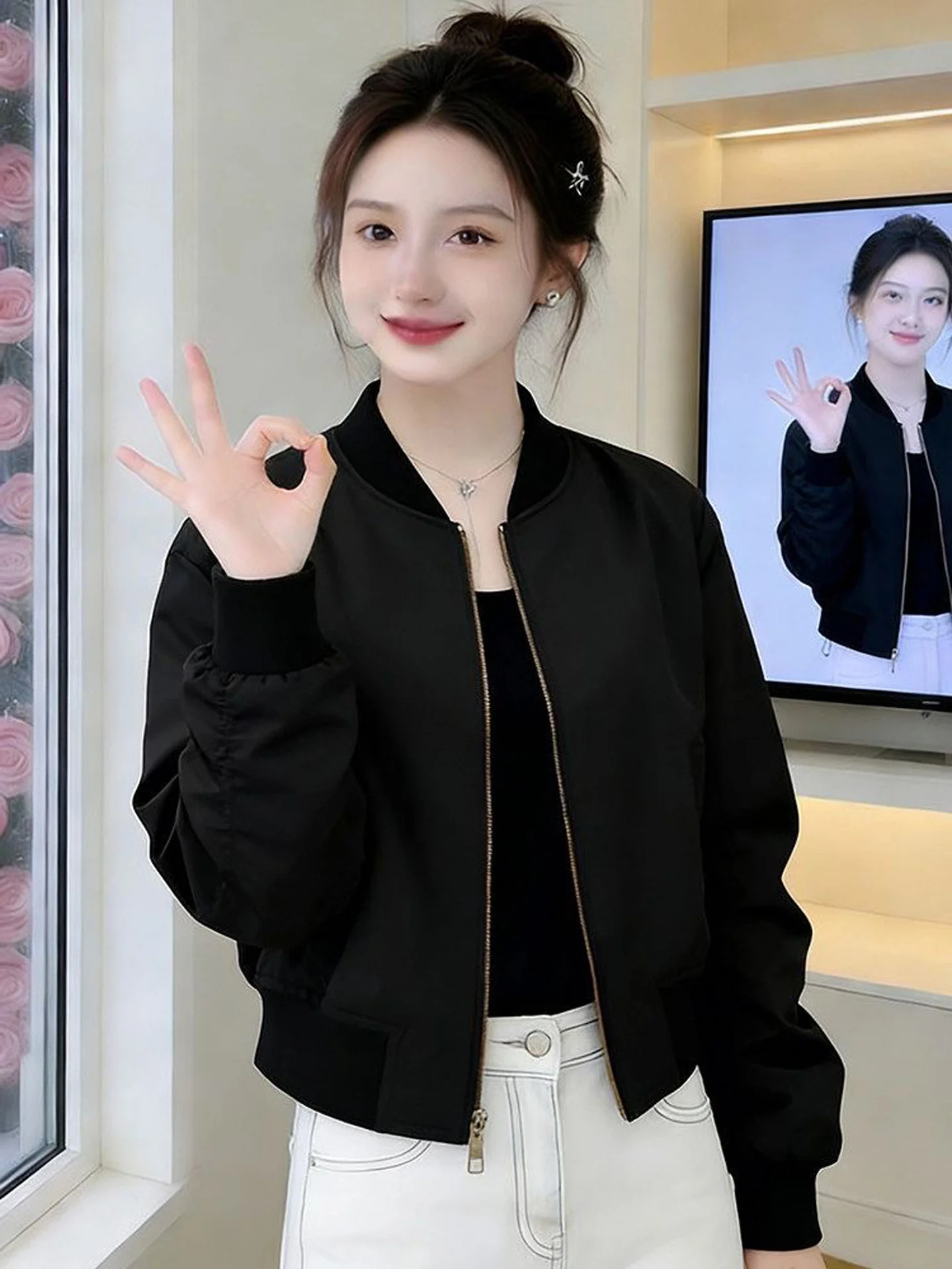 Casual Style Zipper Short Jacket Women's Pure Color Baseball Coat Design Sensation Slim Fit Autumn New Fashion Versatile Oute...