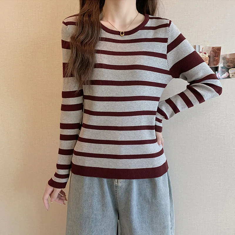 Maglione lavorato a maglia Donna Pullover Nuova maglieria a maniche lunghe Maglione lavorato a maglia Pullover Donna Top O-Collo a righe Sueters De Mujer Q2709