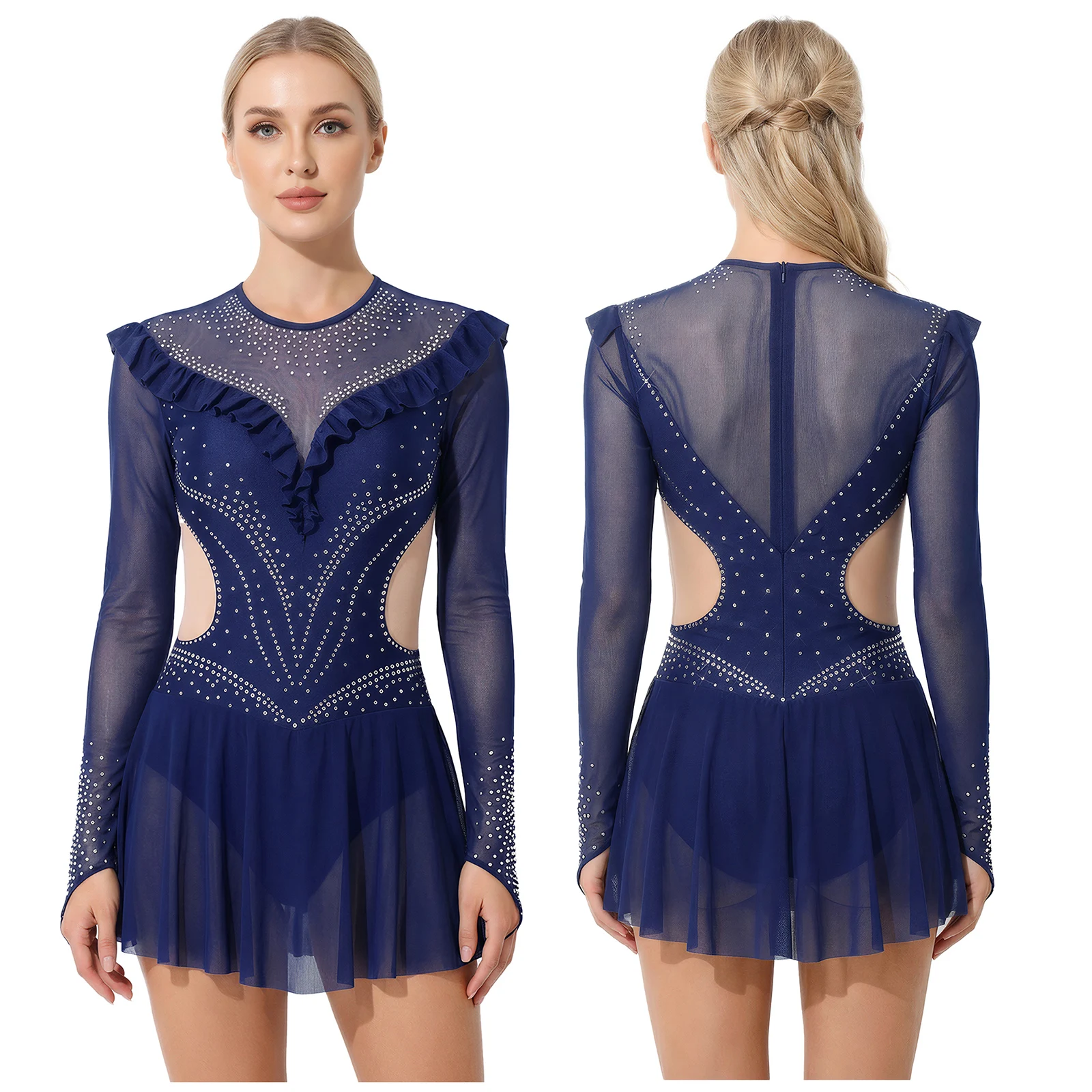 Womens Ballet Latin Lyrical Dance Leotard Dress Gymnastics Figure Skating Costume Rhinestone Mesh Ruffled Trims Leotard Jumpsuit