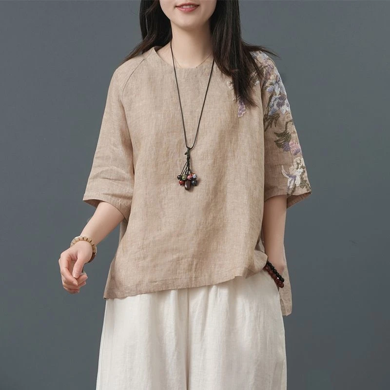 Women Summer Vintage Embroidery Chinese Ethnic Style Cotton Linen T-shirt Simple Casual Round Neck Half Sleeve Solid Loose Tops