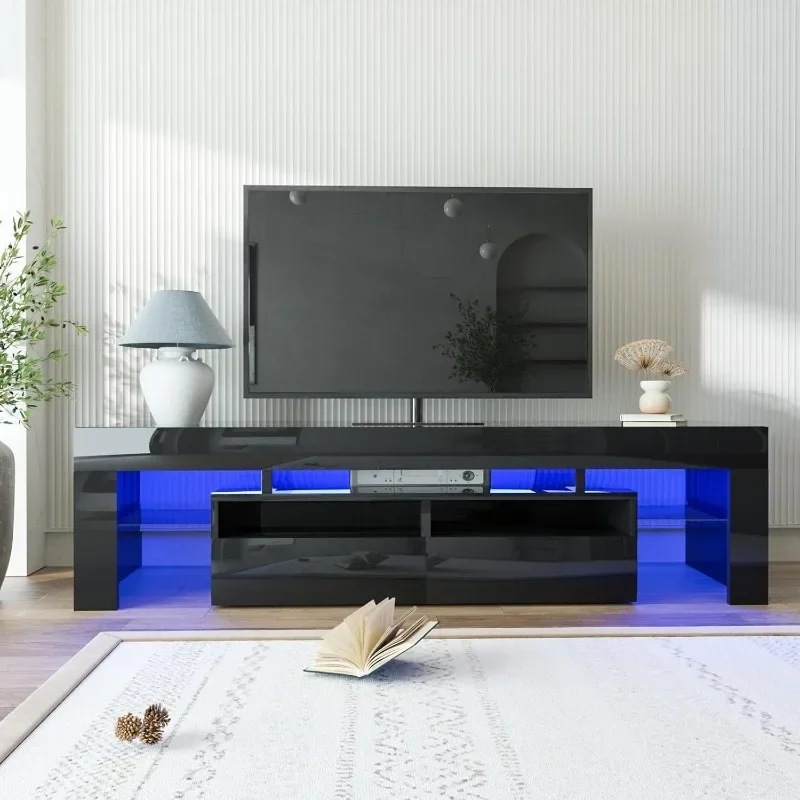 US LED TV Stand for 60/65/70 inch TV, Modern Gloss Entertainment Center with Drawer and Glass Open Shelf Television Table