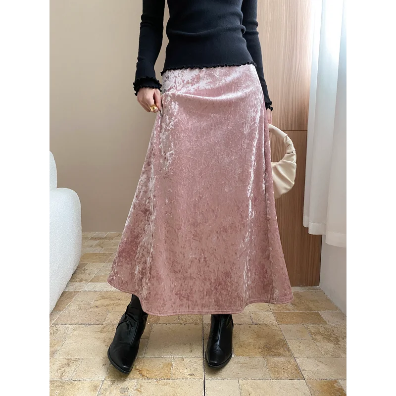 

Женская французская винтажная бархатная композитная ткань, простая теплая универсальная фиолетовая, черная элегантная юбка трапециевидной формы осень-зима