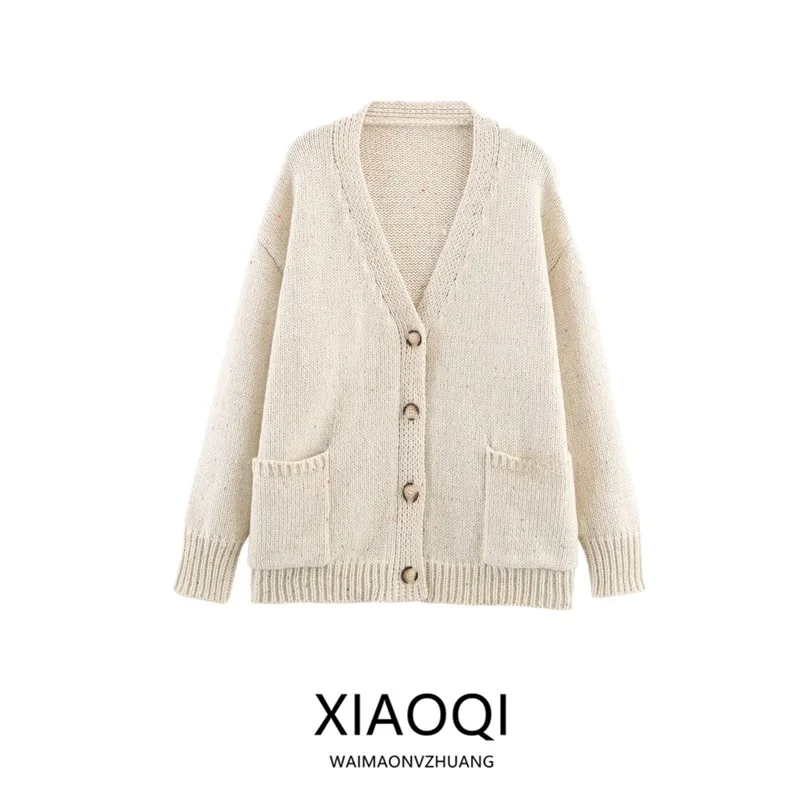 Loose Knitted Long Sve V-Ne Women's Outerwear New Arrival Autumn 2025 Casual Sle round Dot Pattern Open Cardigan