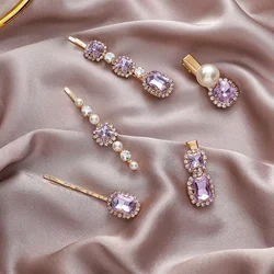 Retro Purple Color Sparkly Crystal Pearl Barrettes for Women Gold Color Alloy Rhinestones Geometric Hairpins Hair Accesories