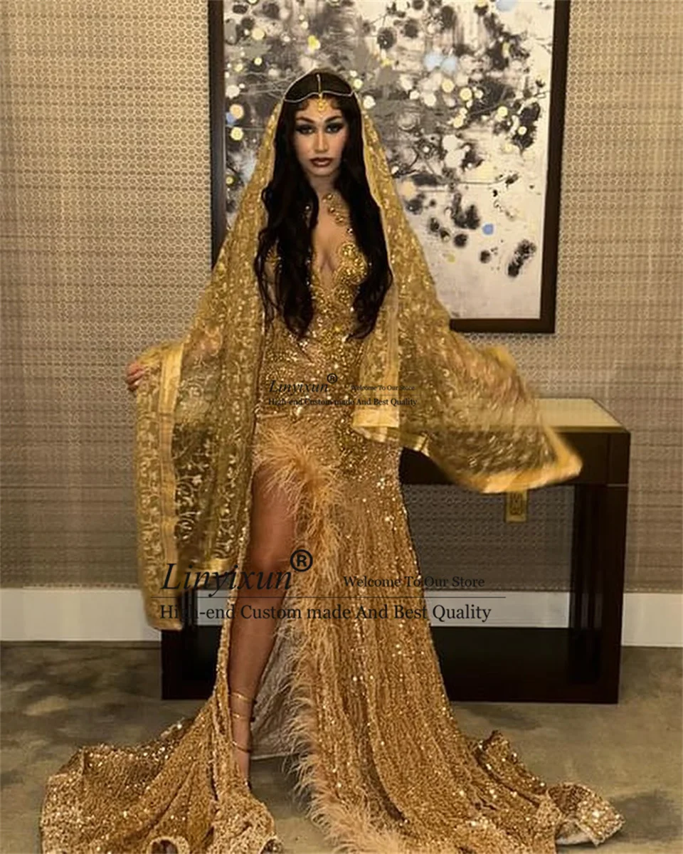 luxury Gold Diamonds Glitter Prom Dress 2024 Bead Crystal Rhinestones Sequins Gown Feathers Wedding Birthday Party Gown