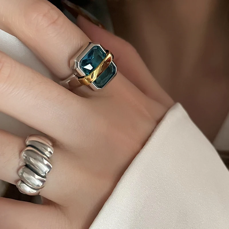 BF CLUB 925 Sterling Silver Blue Zircons Engagement Rings for Women Couples Vintage Handmade Irregular Geometric Party Gifts