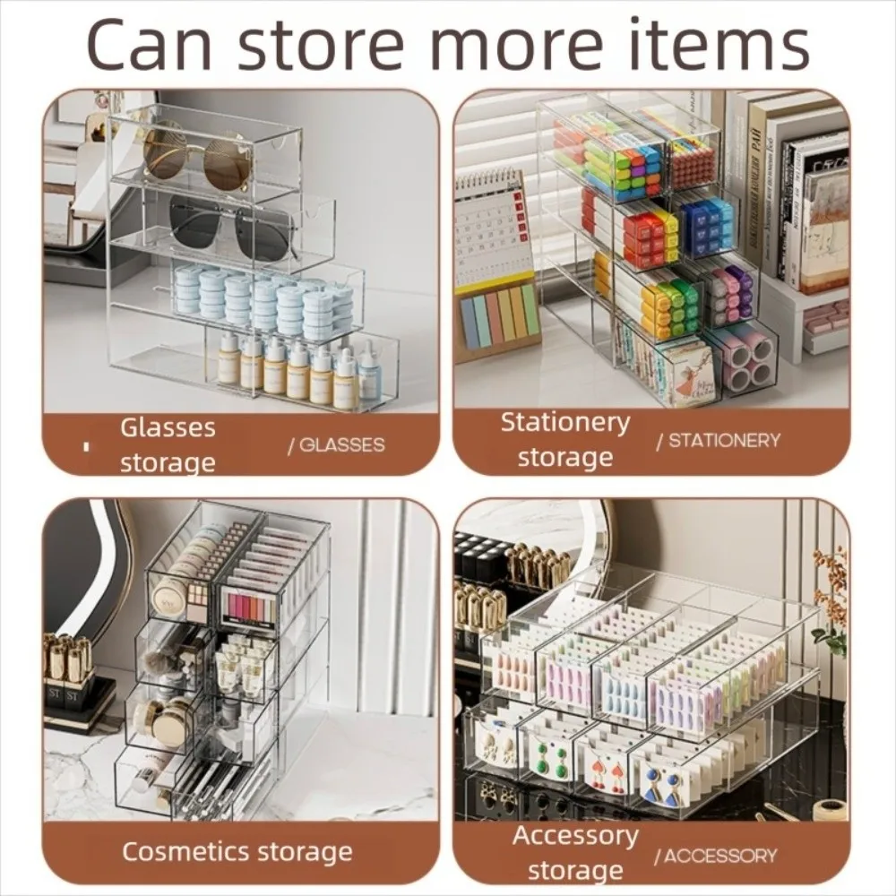 

Пылезащитный 4-уровневый органайзер для косметики, многофункциональный прозрачный органайзер для очков с выдвижным ящиком, штабелируемый держатель для хранения украшений