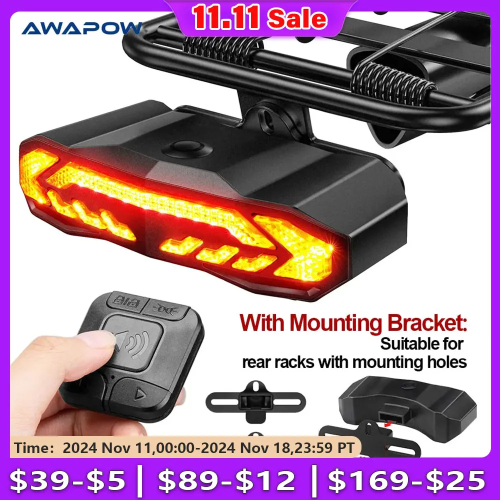 Awapow Bicycle Alarm Anti Theft Bike Taillight Alarm LED Waterproof Tail Light With Mounting Bracket 5In1 Intelligent Bike Lamp