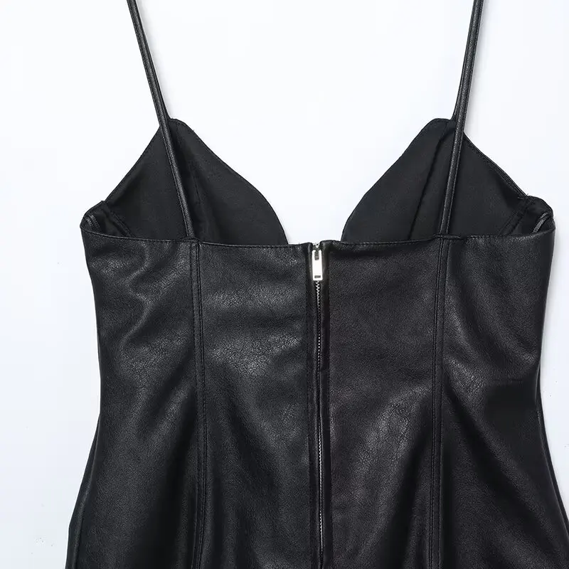 เสื้อครอปทรงเข้ารูปสไตล์สาวเปรี้ยว แต่งโบว์หนังเทียม สายเดี่ยว เซ็กซี่ สำหรับฤดูใบไม้ผลิและฤดูใบไม้ร่วง เสื้อผ้าผู้หญิง