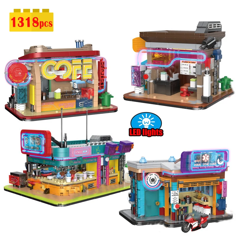 

MOC Idea City Constructor Cyber Street Corner Coffee House Sushi Place Pharmacy Building Blocks Bricks Model Kids Toys Gift Set