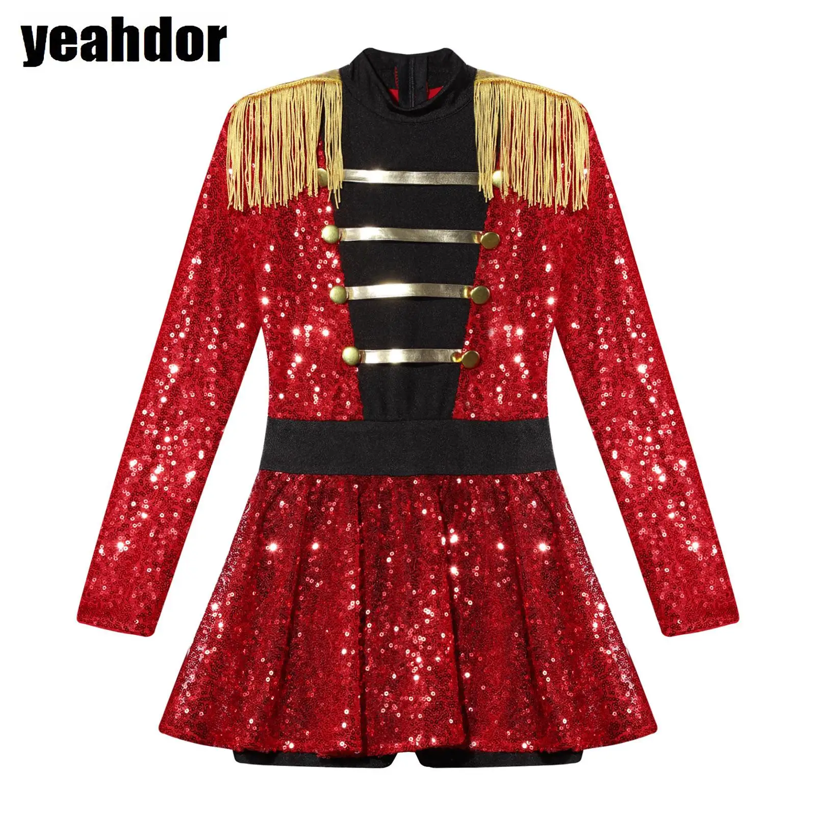 

Girls Circus Costume Halloween Ringmaster Cosplay Long Sleeve Tassel Epaulet Sequin Leotard Dress Jumpsuit Set Magician Dress Up