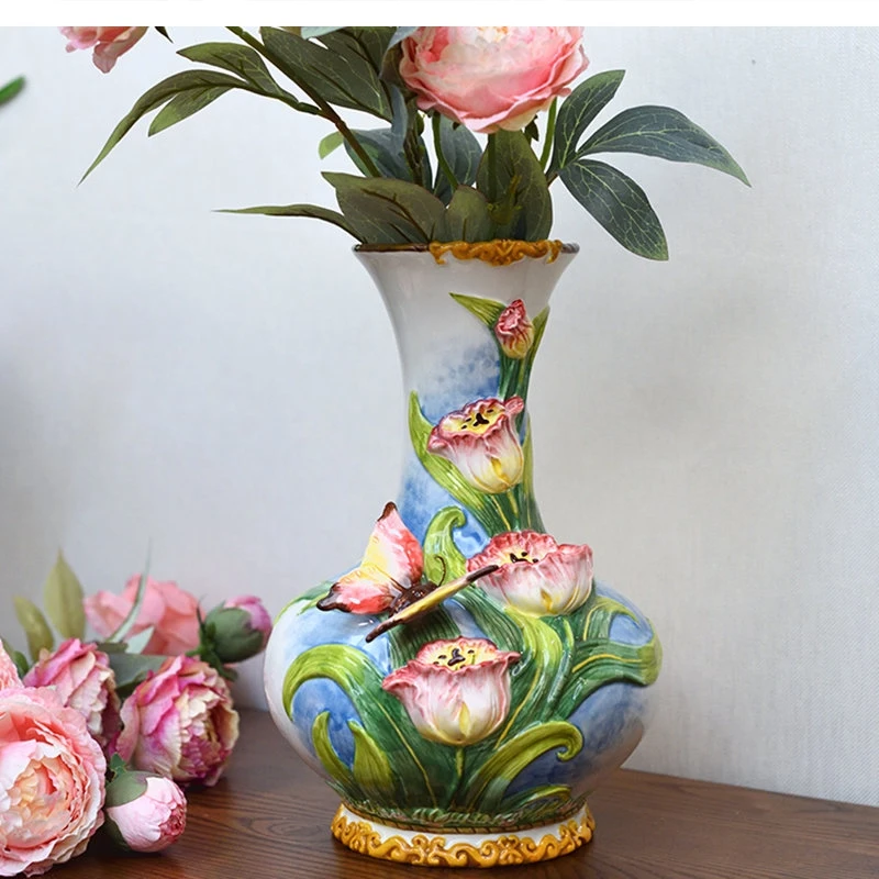 Nordic Ceramic Vase Hand - Made Underglaze 3D Tulip Home Decoration Living Room Accessories23x21x31.5CM