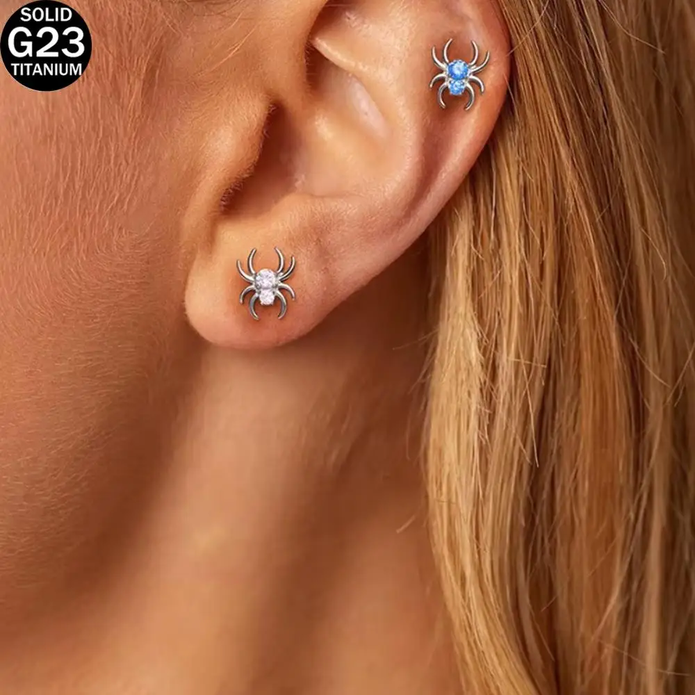 1PC F136 Titanium Spide Piercing Jewelry Labret Ear Stud Spider Zircon Internal Thread Helix Conch Cartilage Tragus Lip Stud Ear