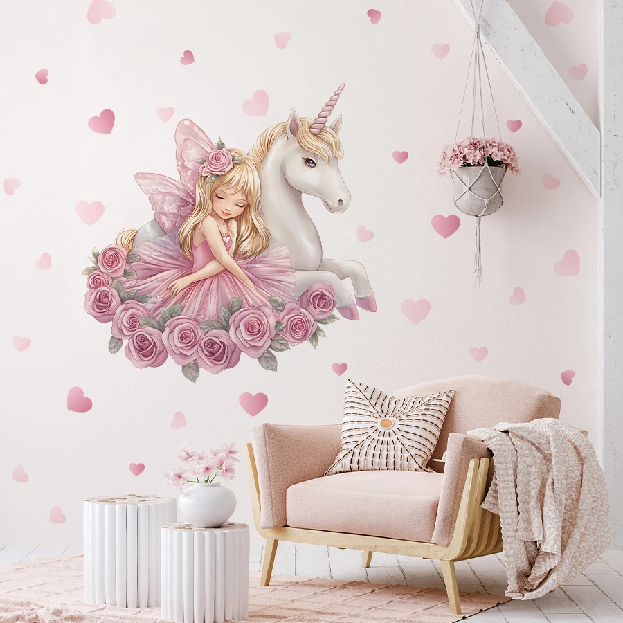 

Милая мультяшная девушка и единорог, наклейка на стену, розовое сердце, декор для детской комнаты, водонепроницаемая наклейка для детей, украшение для игровой комнаты