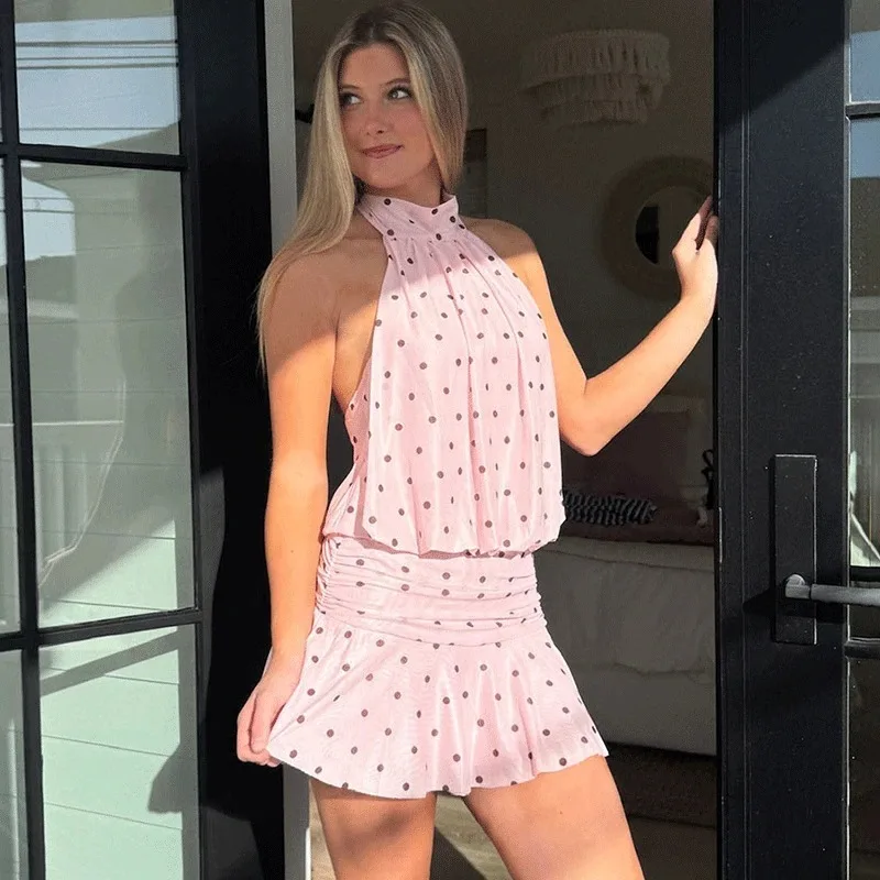 

Ticketsx Summer Polka Dot Lace-Up Dress Women Ruched Patchwork Slim Halter Dress Fashion New Backless Street Vacation Mini Dress