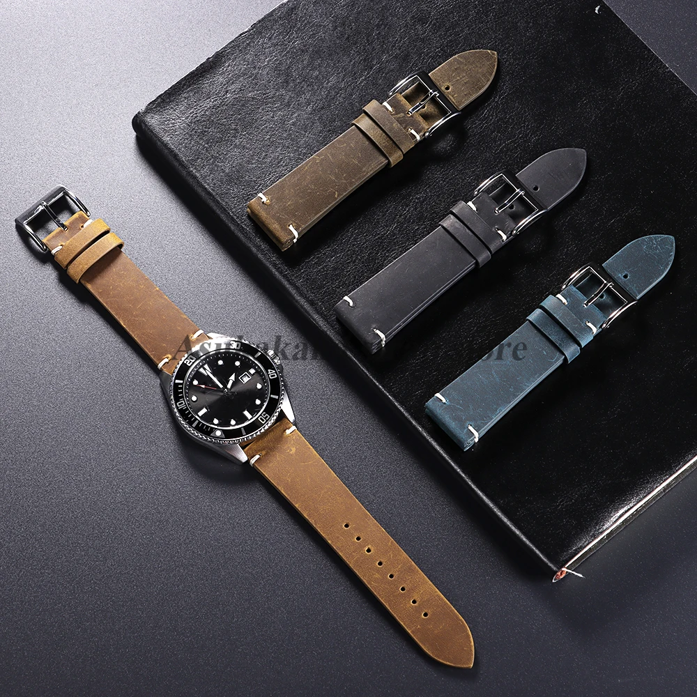 18/20/21/22 มม.นาฬิกาหนังRetroสําหรับนาฬิกาHuawei GT5 GT5Pro GT4 GT3 Handmadeเย็บCowhideสําหรับSeikoสายรัดข้อมือ