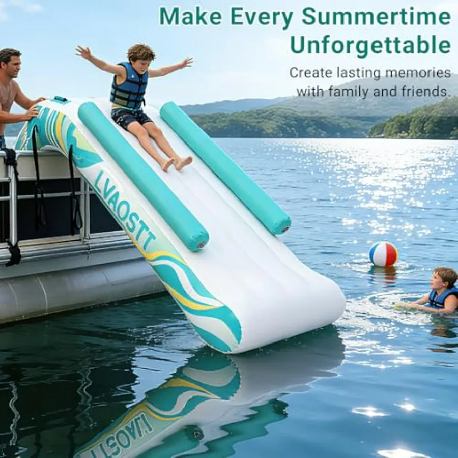 Inflatable Pontoon Waterfall Slide for Adults Teens, Heavy Duty PVC Blue Water Slide with Air Pump, Portable Summer Lake Float