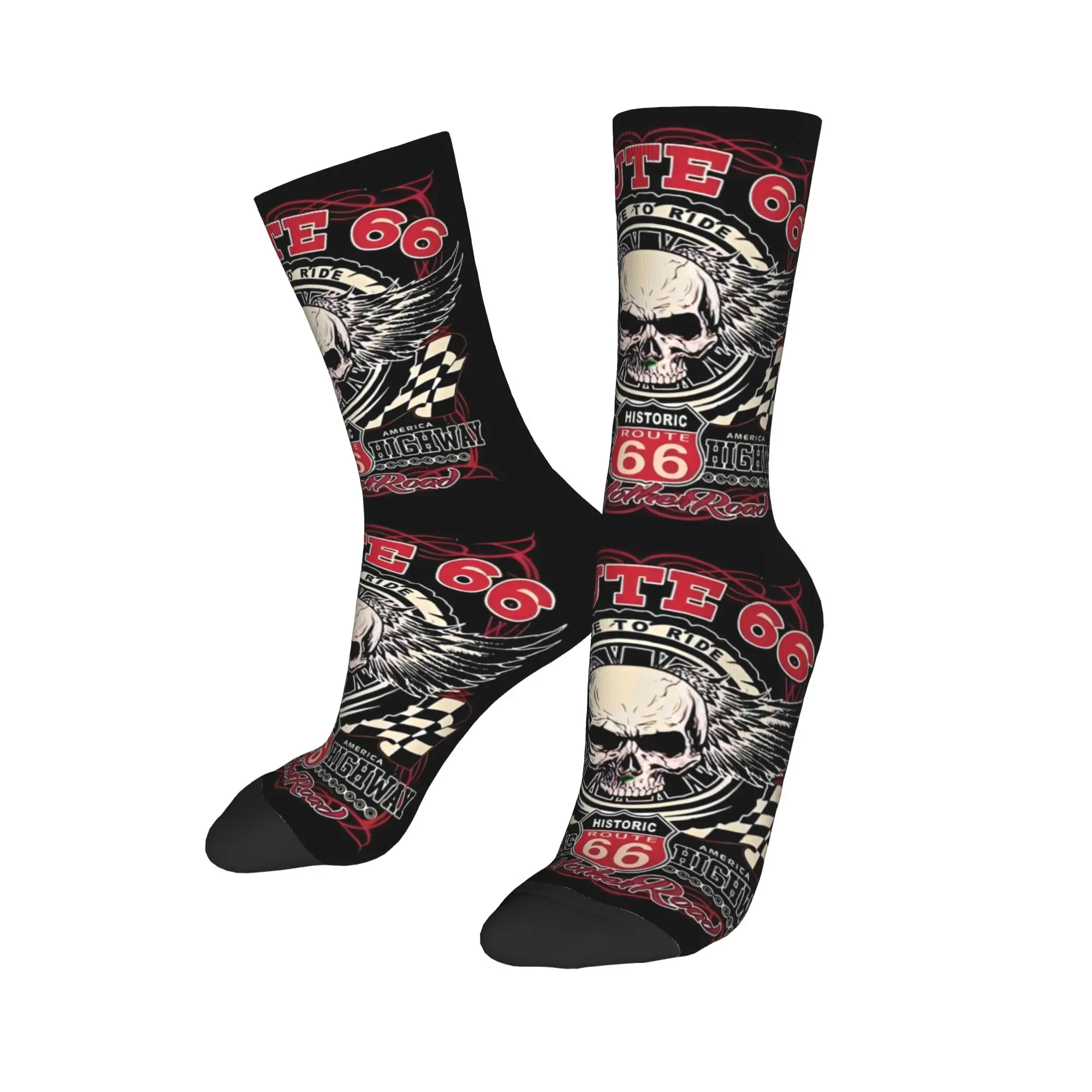 

Custom Route 66 Winged Skull Men Women Crew Socks Unisex Cool 3D Print America Highway Dress Socks