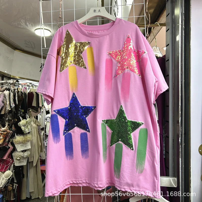 Heavy Industry Design Sense Sequin Five-Pointed Star Loose Short-Sleeved T-shirt Summer Fashion Casual Versatile Top Kawaii Tees