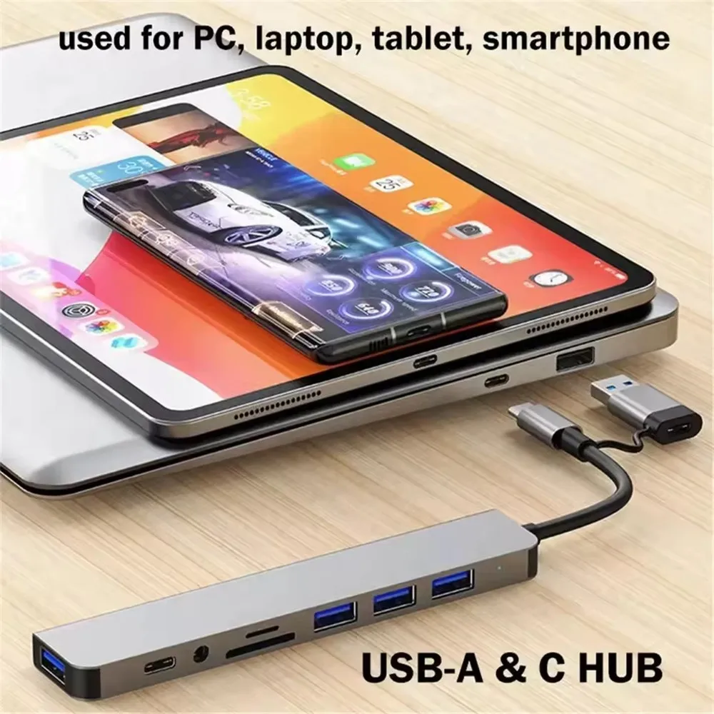 8 In 2 USB C Hub Expander Multiport Adapter Type C Splitter Dock USB 3 Port For Xiaomi Phone Tablet Fast Data Transfer Charging