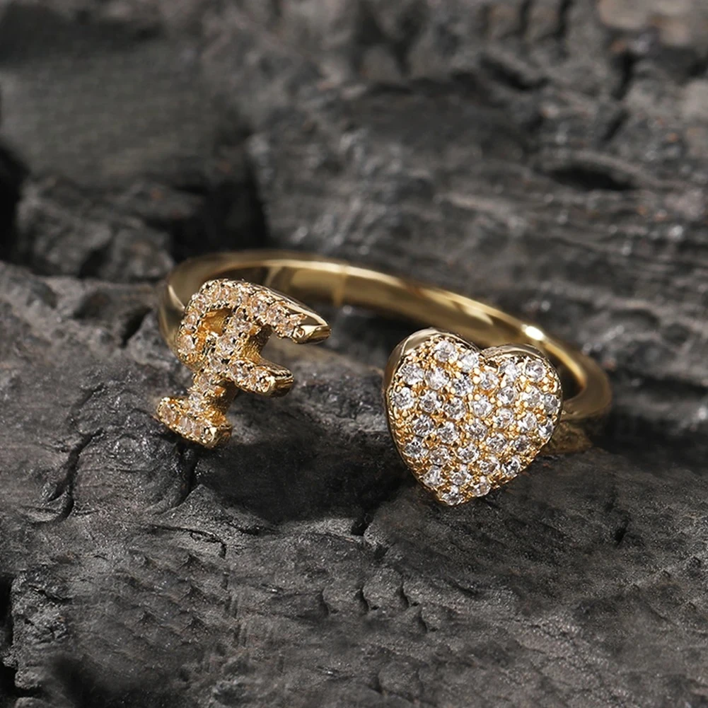 

New Initial Letter Rings Opend CZ Heart Ring Full Iced Out Hiphop Jewelry Luxury Gift for Men Women