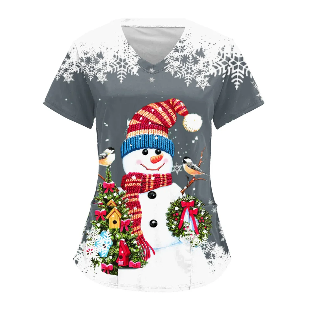 Womens Christmas Nurse Uniforms Print Short Sleeve V Neck Workwear With Pocket Working Nurse Work Wear Overalls Medical Uniforms