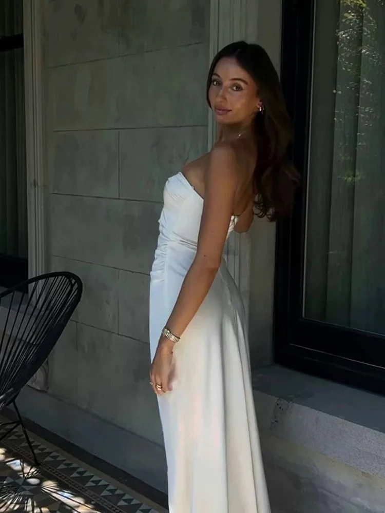 새로운 섹시한 스트랩리스 홀로우 아웃 롱 드레스 여성용 화이트 슬리브리스 컷아웃 백리스 슬림 드레스 우아한 이브닝 파티 가운