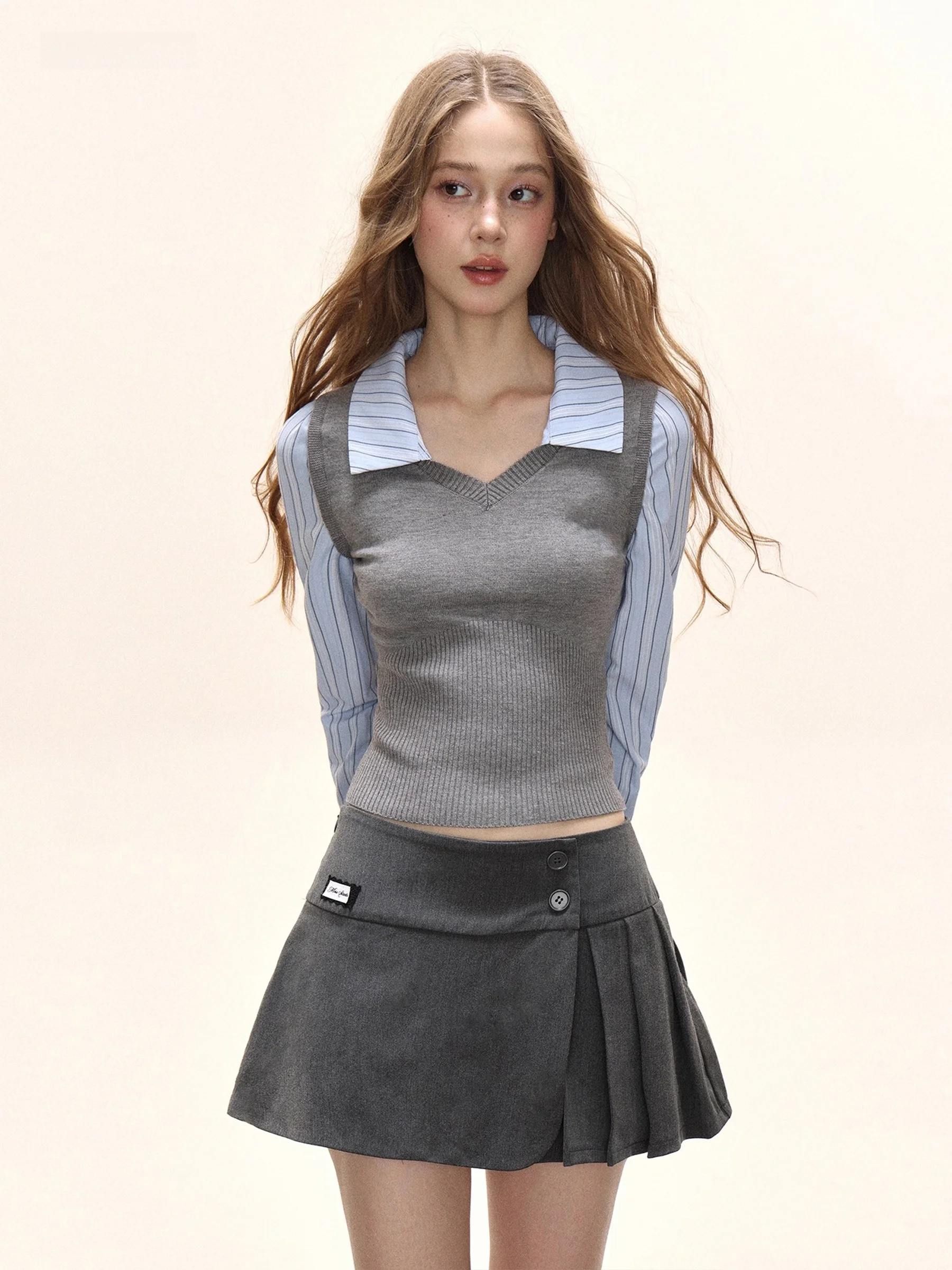 

iyue American Sle Long Sve Knitted irt Women's Spring Autumn V-ne Waist-cinching Fake Two-pieced Design